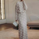 Knitting 3D Flower Lantern Sleeve Top and Long Skirt Suit
