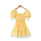Print Puff Sleeve Ruffles Lace-up  Mini Dress