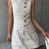 Sleeveless Front Buttoned Top and Mini Skirt Set