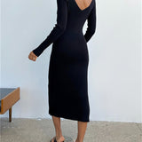 V-Neck Backless Knit Rib Wrap Midi Pencil Dress