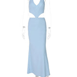 Halter Backless Blue Lace-up Maxi Dress