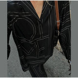 Long Sleeved Silk Geometric Shirt High Waist Pant Set
