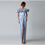 One-Shoulder Puff Sleeve Wrap Chest Slit Long Dress