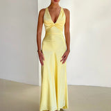 V Neck Sleeveless Satin Bow Backless Maxi Dress
