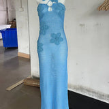 Knit Crochet Flower Applique Halter Maxi Dress