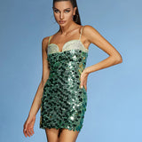 Spaghetti Strap Diamonds Patchwork Mini Dress