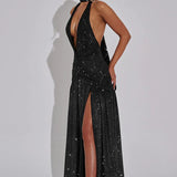 Glitter Bright Silk High Slit Halter Dress