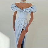 One-Shoulder Puff Sleeve Wrap Chest Slit Long Dress