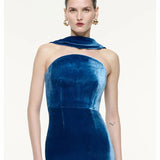 Blue Velvet Halter Sleeveless Maxi Dress