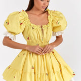 Print Puff Sleeve Ruffles Lace-up  Mini Dress