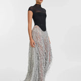 Black Fishbone Top Sequin Mesh Long Skirt Set