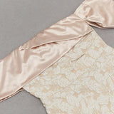 Slash Neck Embossed Flower Beige Dress