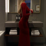 Red Lace-Up Pleated Long Sleeve Maxi Dress