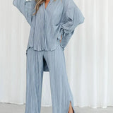 2 Piece Set Blouse Tops and Split Wide Leg Pants