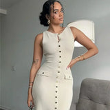 Knit Maxi Dress with Pockets Button-Front