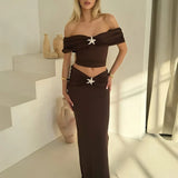 Off-shoulder Tops Thigh Split Long Skirt Two Pieces Sets
