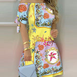 Women Off Shoulder Summer Mini Dress Short Sleeve Bow Tie Striped Plaid Floral Vestidos