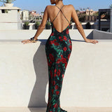 Floral Print Backless Maxi Dress