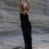Solid Backless Halter Knit Slit Maxi Dress