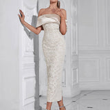 Slash Neck Embossed Flower Beige Dress