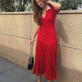 Ribbed Contrast Collar Short Sleeve Buttoned Midi Dress