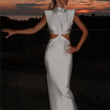 Hollow Out Turtleneck Solid Maxi Dress
