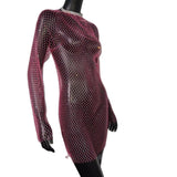 Bling Rhinestones Fishnet Mini Dress Women Sexy Long Sleeve Crystal Dress
