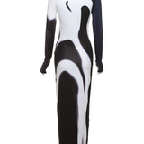 Weird Puss Gradient Women Maxi Dress Skinny Stretchy Long Sleeve O-Neck Trend Bodycon