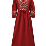 Cotton Linen Embroidery A Neck Ruffle Sleeve Boho Dress
