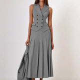Notched Collar Pleated Skirt Suit Two Piece Sets