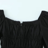 Bow Square Collar Puff Long Sleeve Elastic Waist Mini Dress