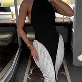 Patchwork Halter Backless Contrast Pleated Midi Dress