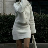 Lapel Cardigan Elastic Waist Mini Skirt Suits