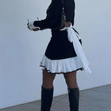 Ruffled Contrast Bow Open Back Lace-Up Knit Mini Dress