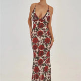 Red Floral Maxi Dress with Cowl Neck & Tie Back