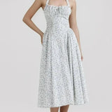 Floral Bow Halter Neck Lacing Up Midi Dress