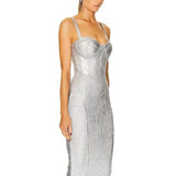Spaghetti Strap Sleeveless Silver Midi Dress