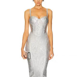 Spaghetti Strap Sleeveless Silver Midi Dress