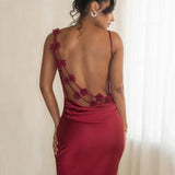 3D Flower Draped Open Back Maxi Dress