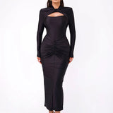 Long Sleeved Pleated Hollowed Out Maxi Dress