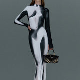 Weird Puss Gradient Women Maxi Dress Skinny Stretchy Long Sleeve O-Neck Trend Bodycon