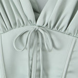 Stain Pleated Ruched Strap Bow Folds Hem Mini Dress