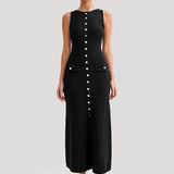 Knit Maxi Dress with Pockets Button-Front