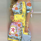 Women Off Shoulder Summer Mini Dress Short Sleeve Bow Tie Striped Plaid Floral Vestidos