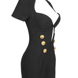 Short Sleeve Gold Button Black Jumpsuit
