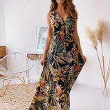 Chiffon Floral Print V-neck Sleeveless Beach Party Dress