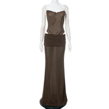 Brown Backless Corset Top Long Skirt Set