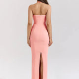 Pink Deep Neck Halter Bodycon Midi Dress