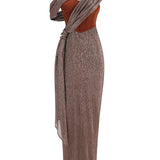 One Shoulder Draped Glitter Brown Maxi Dress
