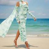 Halter Open Shoulder Printed Lace Fold Midi Dress